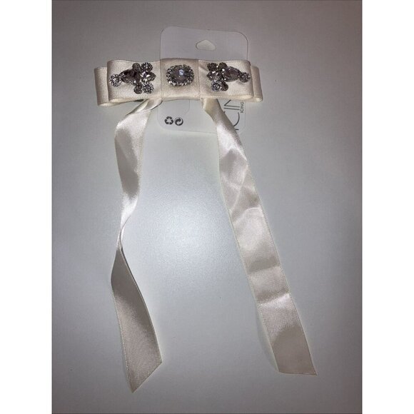 Icing 2 Piece Hair Ivory Rhinestone Studded Satin Long Tail Hair Bow Clip - Picture 4 of 4